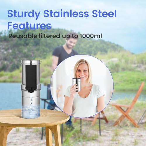 NSF/ANSI 42&372 Standard 1L (1000 ML) Portable Stainless Steel Gravity-Fed Water Filter Gravity Sport Bottle with Carbon Filter, for Travel, Camping, Backpacking and Emergency Preparedness - Image 2
