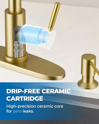 WEWE Kitchen Faucet with Soap Dispenser Set, Pull-Down Sprayer, Gold - Image 6