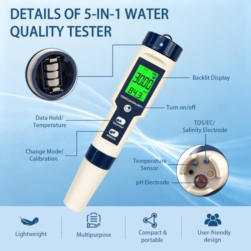 Pool Salt Tester & PH Meter, Digital Water Quality Tester for Salinity, TDS, EC and Temperature, 5-in-1 Water Test Pen with Backlit LCD for Pools, Spas, Aquariums, Hydroponics & Drinking Water - Image 2
