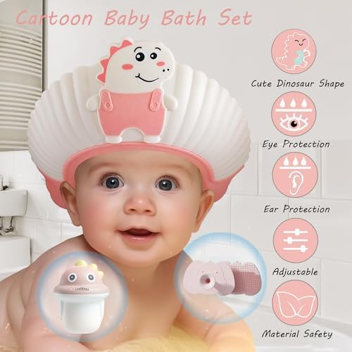 Baby Shower Cap Shield, Bath set shower cap/water cup/massage brush for Eye and Ear Protection, Cute Dinosaur Shape for 0-9 Years Old Children (Pink) - Image 2