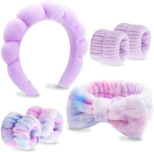VELSCRUN 6 Pack Spa Headband, Makeup Headband, Face Wash Headbands, Skincare Headbands, Multicolour Purple Sponge Hair Band Bow Tie Spa Head Band for Washing Face Wristband Set Women Hair Accessories by VELSCRUN