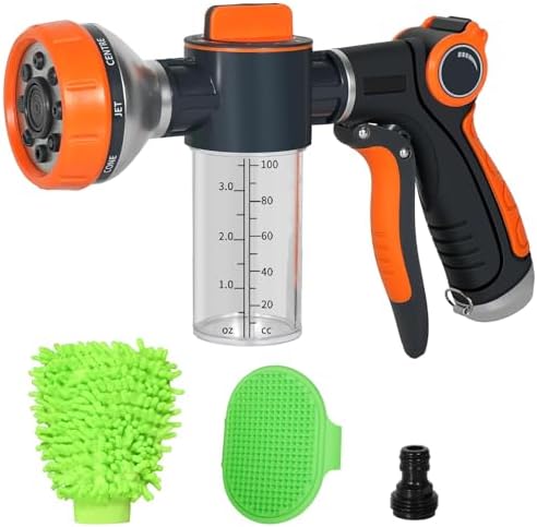 OJKGVGarden Hose Nozzle,8 Patterns Hose Sprayer High Pressure,Heavy Duty Dog Wash,Metal Water Hose Nozzle with Soap Dispenser,Car Wash Foam Gun With Pets Things (Orange gray) by Unknown
