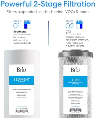 Brio Whole House Water Filter System w/Gauges | 2 Stage Fast-Flow Filtration (5 Micron Sediment, CTO Carbon Block) 4.5" x 20" Filters | Improves Taste, Protects Home Appliances & Shower | 900 GPH - Image 4