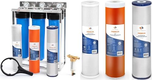 Aquaboon 3-Stage Whole House Water Filter System with 5 Micron 20x4.5 Anti-Scale Reducing Sediment, KDF Heavy Metals and Carbon Chlorine Reduction Water Filter Purification with Replacement Set by Aquaboon