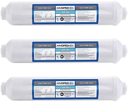 Hydronix ICF-10 Inline Post Activated Carbon Water Filter Replacement Cartridge with 1/4-Inch NPT for Refrigerator, Ice Maker, RO Reverse Osmosis System, 2000 Gallons - 1 Year Capacity (3 Pack) by Hydronix