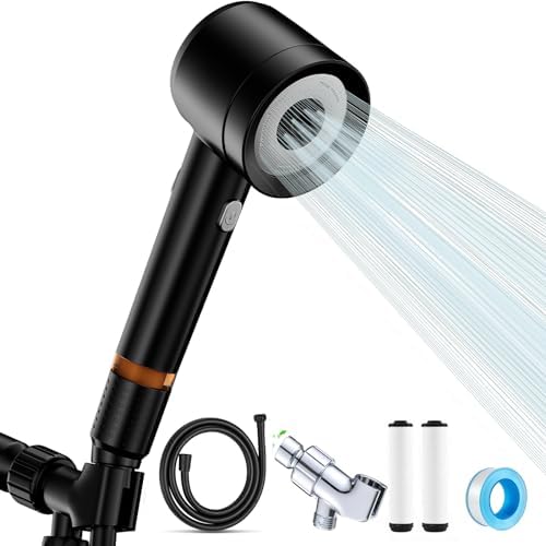 High Pressure Shower Head with Handheld,Shower Head with Filter with Pause Switch Water Saving Filter Showerhead, Filtered Shower with Hose, Bracket and Cotton Filter, Make Bathing Healthier (black) by Pre-TapedMaskingPaper