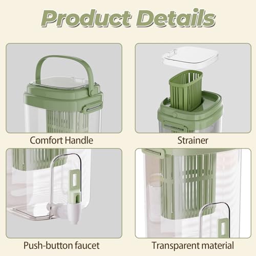 Fridge Water Pitcher with Spout & Fruit Infuser – 2L BPA-Free Cold Drink Dispenser with Handle for Juice, Tea, Lemon Water – Portable Jug for Camping, Picnic, Party (Green) - Image 2