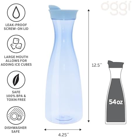 OGGI Clear Carafe w/Flip Open Lid - Ideal Juice Bottle, Clear Pitcher with Lid, Tea Pitcher, Water Carafe, 1.6 Lt(54Oz), Blue Tint - Image 6