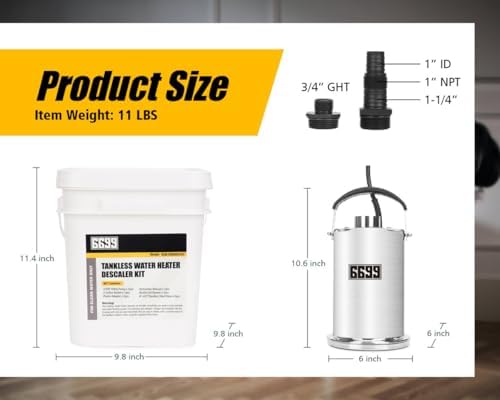 Tankless Water Heater Flushing Kit Includes 1/3HP Stainless Steel Sump Pump with Two Adapters & 3 Gallons Pail with Bucket Lid Opener & Two 1/2” Dia X 6’ Hoses with Washers - Image 6