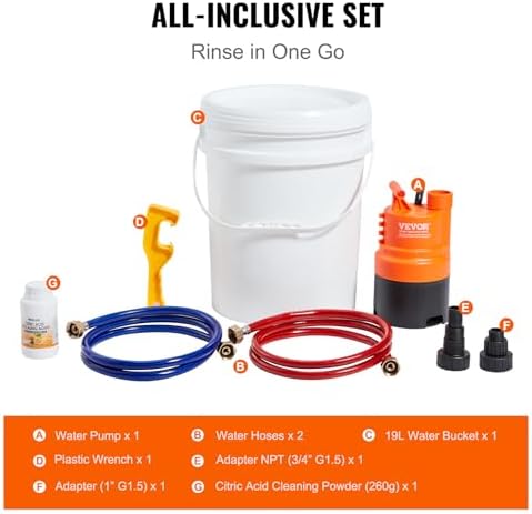 VEVOR Tankless Water Heater Flushing Kit, Water Heater Flush Kit With Efficient Pump, 5 Gallon Pail, 2 Hoses, Wrench, and Adapter, Anti-corrosion - Image 6