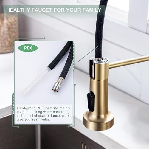 WEWE Pull-Down Kitchen Faucet, 2-Mode Sprayer, Gold, High Arc - Image 5