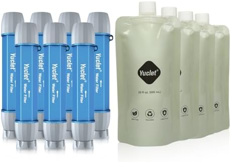 Yuclet Squeeze Water Filter Filtration System for Hiking, Camping, Travel, and Emergency Preparedness (7 Water Filter Straw, 4 Squeezable 20-Oz Water Pouch) by YucletProducts