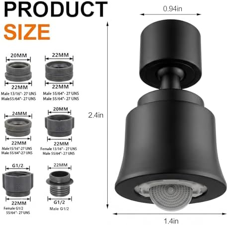 2 Pack Metal Faucet Aerator - Dual Modes Sink Sprayer Attachment for Bathroom - 360° Swivel Kitchen Faucet Sprayer Attachment - Anti-clogging Design - Black - Image 6