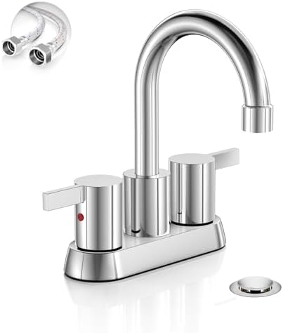 Phiestina 4 Inch Centerset 2 or 3 Holes 2 Handle Chrome Lead-Free Bathroom Faucet, Swivel Spout with Copper Pop Up Drain and 2 Water Supply Lines, BF015-1-C by Phiestina