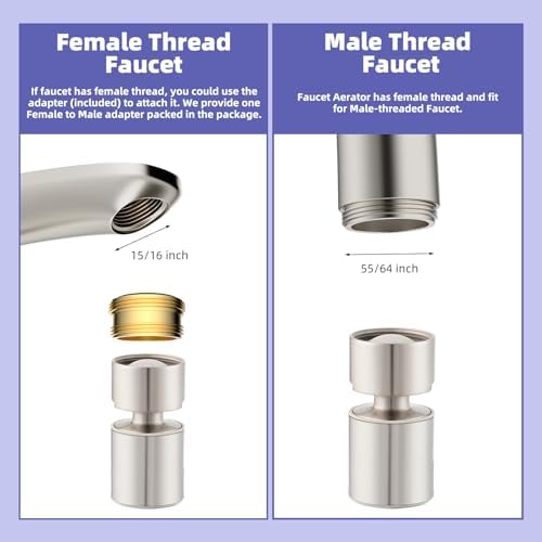 Hibbent NSF/ANSI/CAN 61 Certified Faucet Aerator, CUPC Certification 360 Degree Swivel Kitchen Sink Aerator, 2-Flow Sprayer Faucet Replacement Part 55/64 Inch Female Thread - Brushed Nickel - Image 5