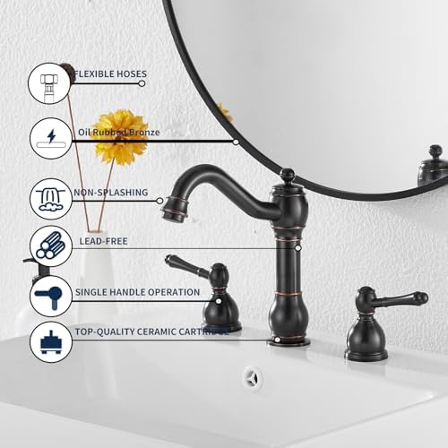 2 Handles 3 Holes Faucet Widespread Bathroom Sink Faucet Basin Tap Mixer Supply Hose Included Matching Pop Up Drain Oil Rubbed Bronze - Image 5