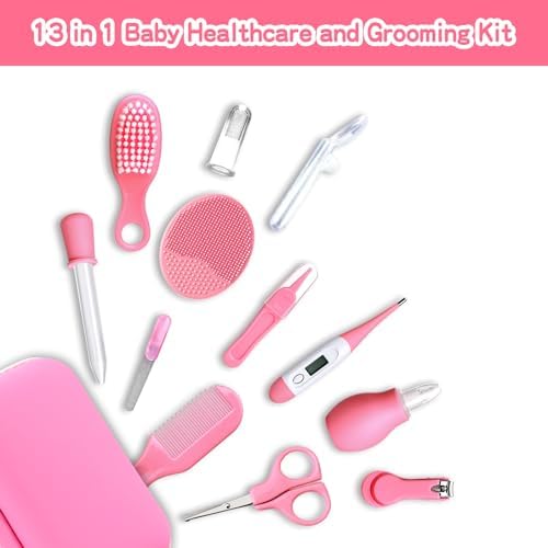 Baby Grooming and Healthcare Kit, Infant Safety Care Set with Hair Brush Comb Nail Clipper Nasal Aspirator,Baby Essentials Kit for Newborn Girls Boys (13 in 1, Pink) - Image 2