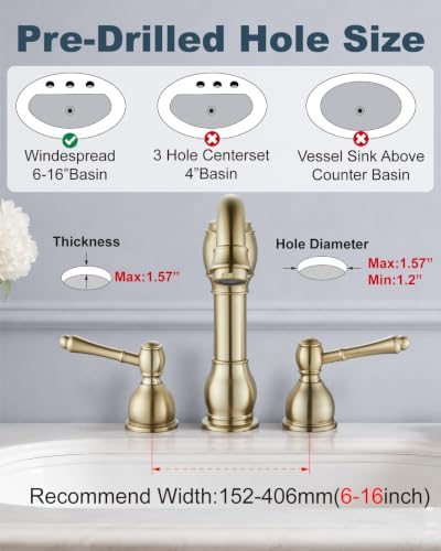 Aolemi Widespread Bathroom Sink Faucet 3 Hole Metal Lever Brushed Gold - Image 3