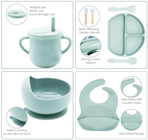 100% Silicone Baby Feeding Set,BPA Free Baby Dishes Set with Suction Bowl Divided Plate,Toddler Self Feeding Dish Set with Spoons Forks Sippy Cup and Bib, Baby Eating Utensils(Light Blue) - Image 3