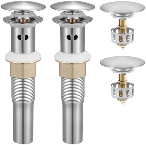KES Bathroom Sink Drain Stopper with Overflow, Pop Up Drain with Detachable Hair Catcher for Lavatory Vanity Vessel Sink, Brushed Nickel 2 Pack, All Metal Rustproof 304 Stainless Steel, S2013A-BN-P2 by KES