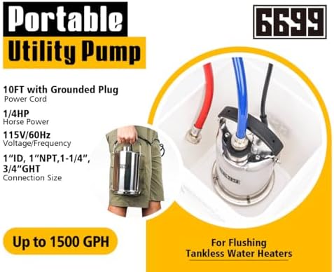 Tankless Water Heater Flushing Kit Includes 1/4HP Stainless Steel Sump Pump with Two Adapters & 3 Gallons Pail with Bucket Lid Opener & Two 1/2” Dia X 6’ Hoses with Washers - Image 3