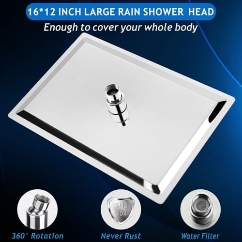 Voolan Extra Large Rain Shower Head - High Flow Square Rainfall Showerhead - Waterfall Full Body Coverage - Universal Ceiling or Wall Mount (16 * 12 Inch Rectangle, Chrome) - Image 2