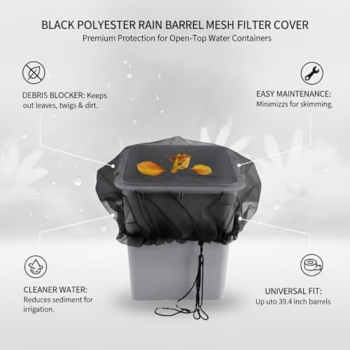 Black Polyester Rain Barrel Mesh Filter Cover, Debris Screen for Open-Top Water Containers up to 39.4 Inches, 1 Pack - Image 4