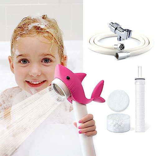 Barumi Livo Filtered Showerhead for Kids Combo Kit | Shark Pink | Children's Handheld Shower Heads with PVC Hose & Shower Holder by Barumi