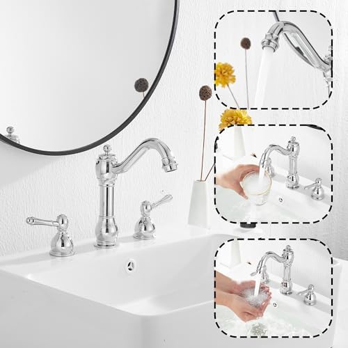 2 Handles 3 Holes Faucet Widespread Bathroom Sink Faucet Basin Tap Mixer Supply Hose Included Matching Pop Up Drain Polished Chrome - Image 3