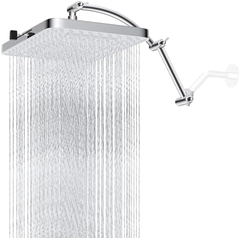 Hibbent Rain Shower Head, 13'' High Pressure Rainfall Square 5 Spray Mode Showerhead with 16" Shower Head Extension Arm, Solid Brass Adjustable Shower Arm Extender, Waterfall fixed Showerheads, Silver by Hibbent