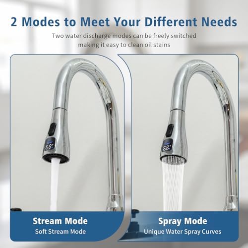 Kitchen Sink Faucet Sprayer Head Replacement, LED Temperature Sensitive Display Pull Down Pull Out Faucet Nozzle (Chrome) - Image 3