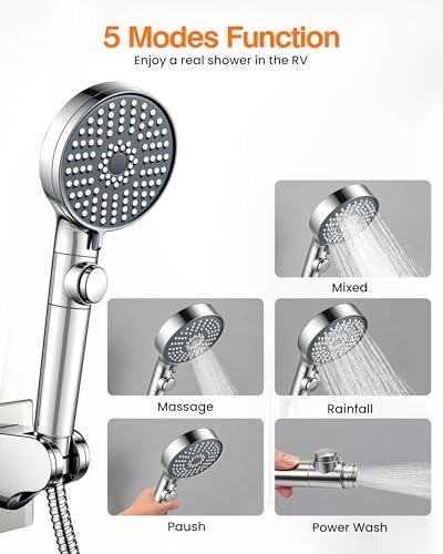 RV Shower Head with Hose, High Pressure Handheld RV Shower Head Replacement with On Off Switch,5 Modes,Power Jet, Camper Showerhead for RV, Travel Trailer, Motorhome,Boat,Silver - Image 2