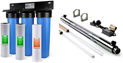 iSpring WGB32B 3-Stage Whole House Water Filtration System w/ 20-Inch Sediment and Carbon Block Filters & UVF55FS Whole House UV Water Filter with Smart Flow Sensor Switch, 55W, 12 GPM by iSpring