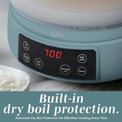 COOK WITH COLOR Glass Mini Low Carb Rice Cooker – Holds 2 Cups Raw/Makes 6 Cups Cooked with Auto Lift Filter Basket, Hotpot & Steamer for Rice, Grains, Digital Panel with Keep Warm, Slate Blue - Image 4