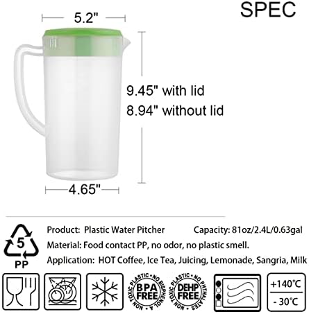 81oz/2.4Litre/0.63 Gallon Plastic Water Pitcher with Lid BPA-FREE Carafes Mix Drinks Water Jug for Hot/Cold Juice Beverage Ice Tea (Green, 81oz) - Image 2