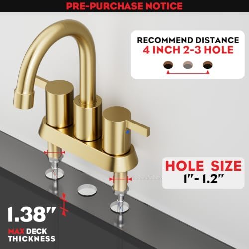 Brushed Gold 4 Inch 2 Handle Centerset Lead-Free Bathroom Faucet, Swivel Spout with Copper Pop Up Drain and 2 Water Supply Lines, BF015-1-BG - Image 5