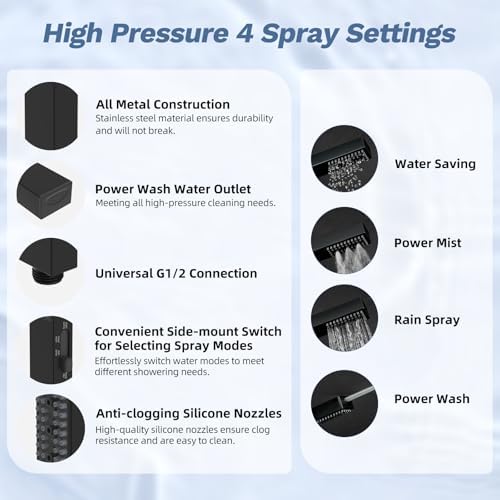 Hibbent 5-spray Filtered Rain Shower Head, 4-Spray Shower Wand, Matte Black - Image 3