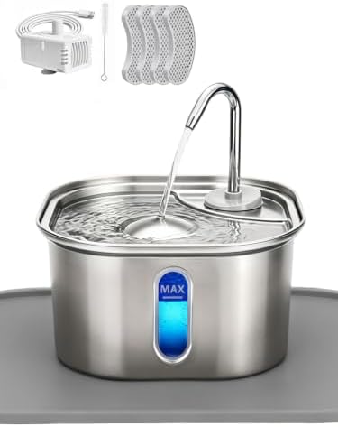 Cat Water Fountain Stainless Steel for Cats Indoor 2.5L 85oz by BPA-free SUS304, Effective 6-Layer Filter Cat Fountain for Drinking 20dB Ultra Quiet Metal Pet Water Fountain (Fountain108oz+4Filters+Mat) by Petlipo