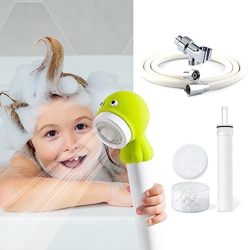 Barumi Livo Filtered Showerhead for Kids Combo Kit | Octopus Lime | Children's Handheld Shower Heads with PVC Hose & Shower Holder by Barumi