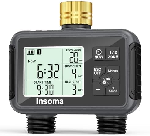 Insoma Water Timer with Brass Inlet, 2 Independent Zones Outdoor Hose Timer for Garden Faucet with Auto/Manual/Rain Delay Mode, Sprinkler Irrigation Controller for Yard Lawn by Insoma