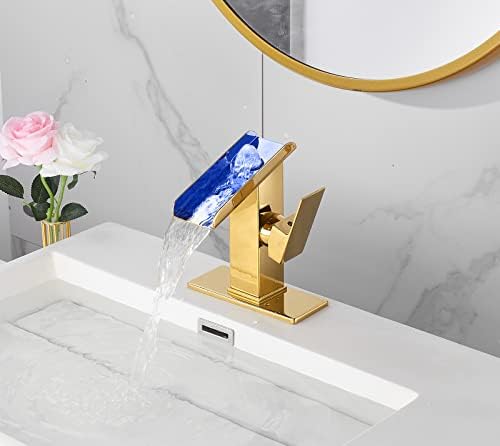 Gold Bathroom Faucets LED Waterfall Spout One Hole RGB 3 Colors Light Changing Lavatory Vanity Sink Faucet Brass Single Handle Modern Washbasin Bath Basin Tap Contemporary with Water Supply Lines - Image 3