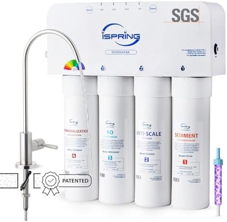 iSpring RO5004F-AK UV Alkaline Reverse Osmosis Water Filter, SGS Tested PFAS and TDS Reduction, 500 GPD Tankless Remineralization RO System Under Sink, Filter Life Monitor, 2:1 Pure to Drain by iSpring