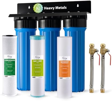 iSpring WGB32B-KS+AHPF12MNPT16X2 3-Stage Whole House Water Filter, Reduces Heavy Metals, Hydrogen Sulfide, Chlorine, Chloramine, Sediments w/ 3/4'' Push-Fit Braided Stainless Steel Hose Connectors by iSpring