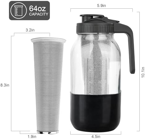 Cold Brew Coffee Maker, 64oz Mason Jar Pitcher with Stainless Steel Filter, Leak-Proof Lid with Pour Spout & Handle, Heavy Duty Glass Iced Coffee Tea Brewer with Protective Silicone Sleeve-Black - Image 6