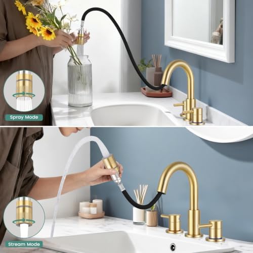 Brushed Gold Bathroom Sink Faucet 3 Hole with Pull Down Sprayer - Image 3