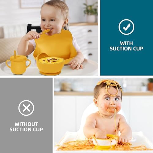 100% Silicone baby feeding set,BPA free Baby dishes set with Suction Bowl Divided Plate,Toddler Self Feeding Dish Set with Spoons Forks Sippy Cup And Bib, Baby Eating Utensils (Pumpkin) - Image 5