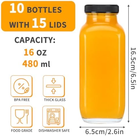 CUCUMI 10pcs 16oz Glass Juice Bottles with Lids - Image 2