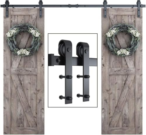 SMARTSTANDARD 8.2FT Double Barn Door Hardware Kit, Sliding Door Track-Smoothly and Quietly -Includes Detailed Installation Fit 24" Wide Door Panel(J Shape Hanger) Black - Image 2
