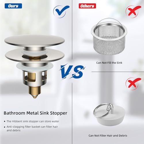 Hibbent 2 Pack All Metal Upgraded Bathroom Sink Stopper, Universal Pop Up Sink Drain Strainer, Brass Bullet Core Push Type Stopper for 1.1''~2.3''' Basin, Anti Clogging Drain Filter, Brushed Nickel - Image 5