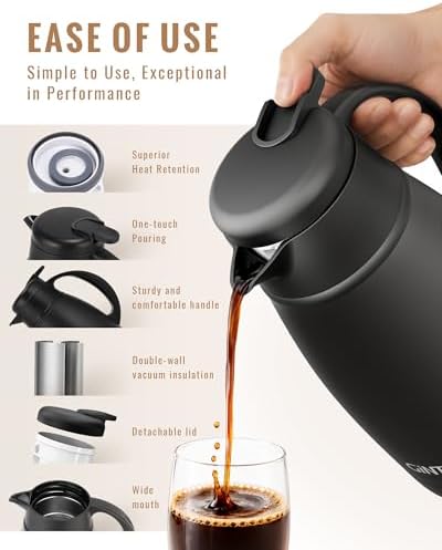 GiNT Thermal Coffee Carafe 51 Oz, Stainless Steel Insulated Beverage Server with Easy-Clean Detachable Lid, Leak-Proof One-Hand Pour Large Dispenser for Hot Drinks and Coffee Pot for Home Office - Image 3